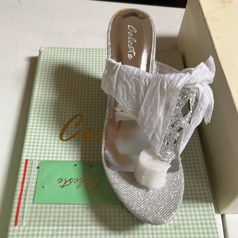 Celeste size 10 silver embellished sandal Extra sequins 3.5”wedge heel